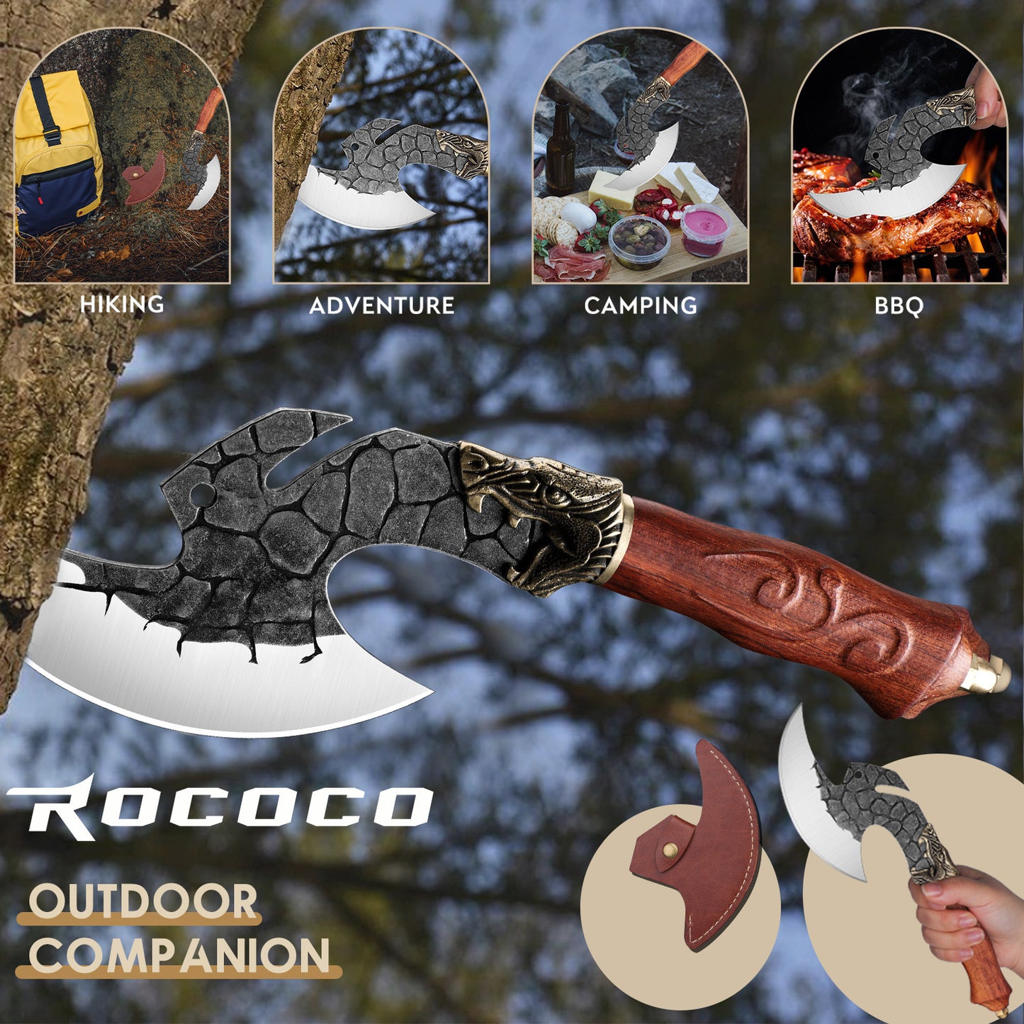 ROCOCO Viking Cleaver Knife Butcher Meat Cutting Boning Knife Hand Forged Chinese Kitchen Axe with Sheath Home Outdoor BBQ Camping Chirstmas Birthday Mother Father Gift Men