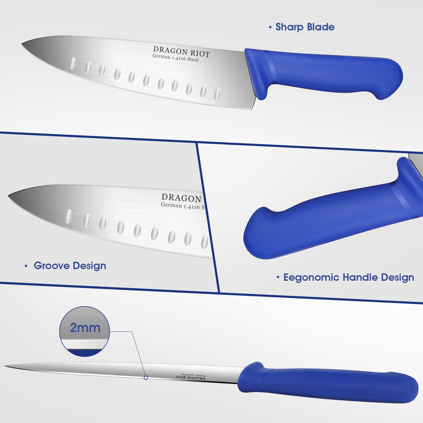 Premium Chef Knife 8 Inch - Sharp Kitchen Knives German Stainless Cooking Knife with Ergonomic Fibre Handle, Useful Kitchen Gadgets
