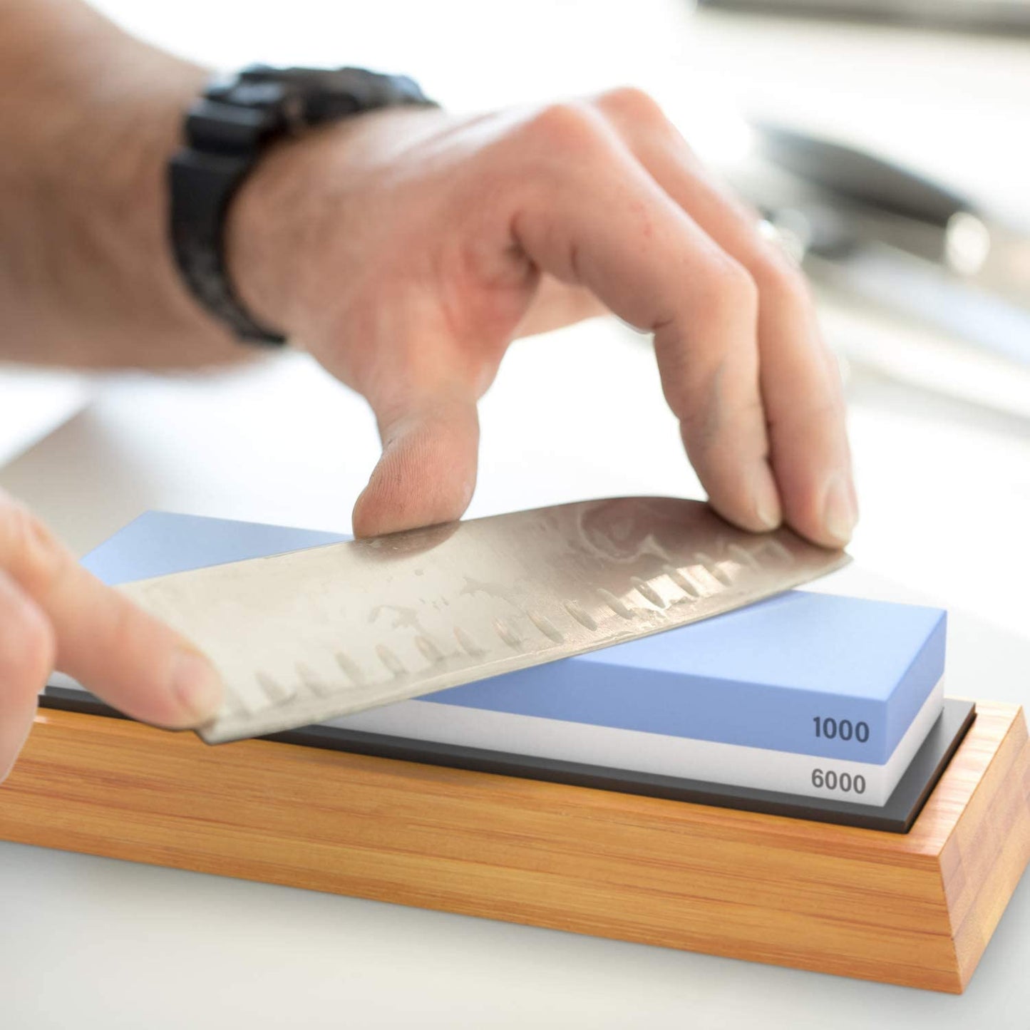 Premium Whetstone Set, Knife Sharpening Stone 2 Side Grit 1000/6000 Whetstone- Knife Sharpener- Non Slip Bamboo Base & Angle Guide