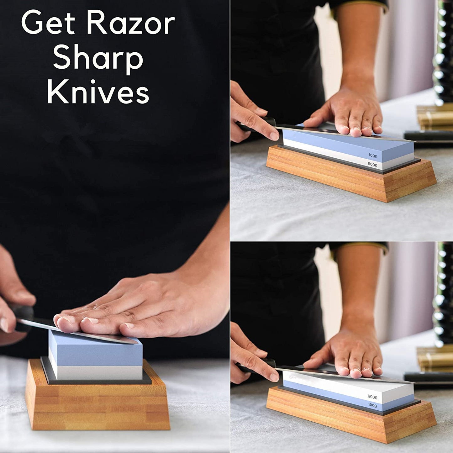 Premium Whetstone Set, Knife Sharpening Stone 2 Side Grit 1000/6000 Whetstone- Knife Sharpener- Non Slip Bamboo Base & Angle Guide