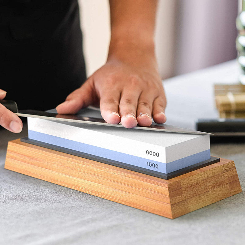 Premium Whetstone Set, Knife Sharpening Stone 2 Side Grit 1000/6000 Whetstone- Knife Sharpener- Non Slip Bamboo Base & Angle Guide