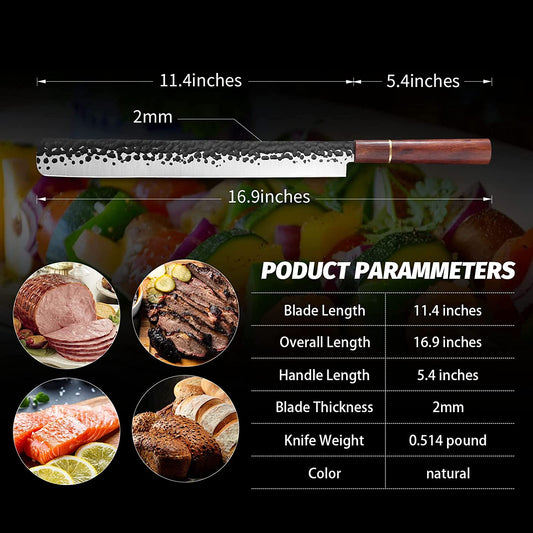 Slicing & Carving Knife–11" Brisket Knife Forged in Fire–High Carbon German Steel Meat Knife