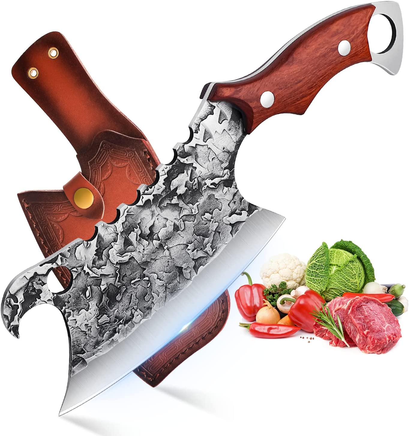 Hand Forged Meat Cleaver Sharp Asian Knife Kitchen Butcher Knife with Leather Sheath