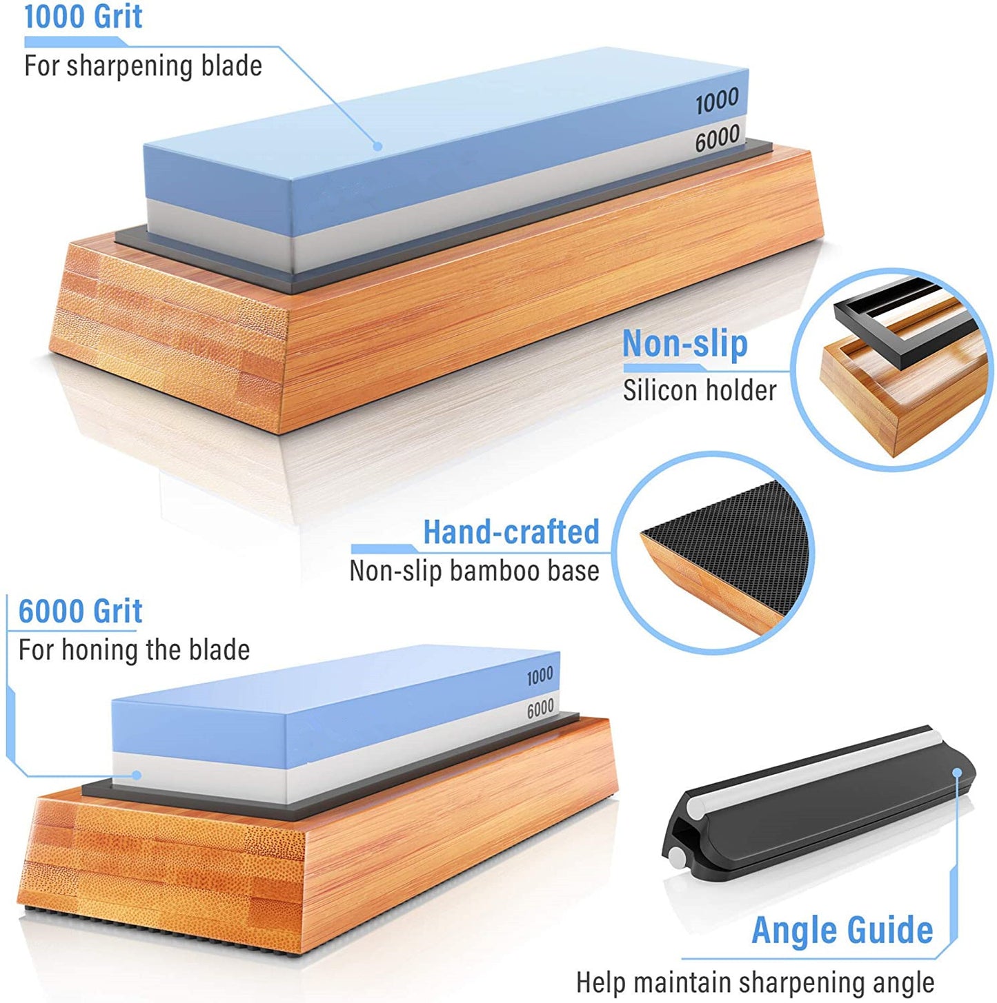 Premium Whetstone Set, Knife Sharpening Stone 2 Side Grit 1000/6000 Whetstone- Knife Sharpener- Non Slip Bamboo Base & Angle Guide