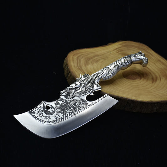 Silver Dragon Kitchen Knife Meat Cleaver with Leather Case