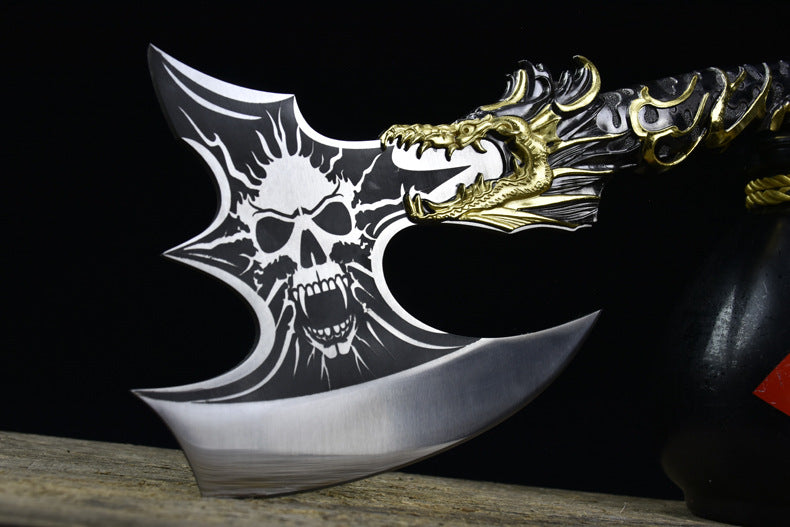 Heavy Duty Skeleton Axe with Carved Evil Dragon Handle