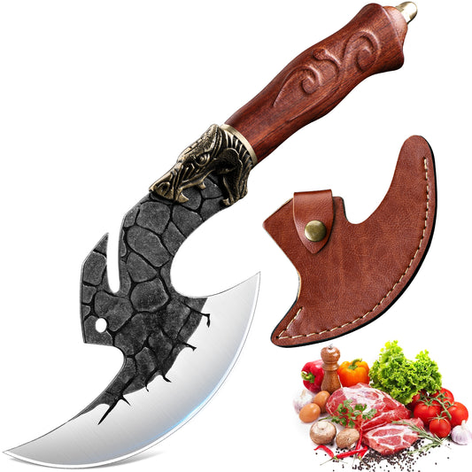 ROCOCO Viking Cleaver Knife Butcher Meat Cutting Boning Knife Hand Forged Chinese Kitchen Axe with Sheath Home Outdoor BBQ Camping Chirstmas Birthday Mother Father Gift Men