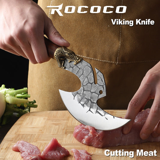 ROCOCO Viking Cleaver Knife Butcher Meat Cutting Boning Knife Hand Forged Chinese Kitchen Axe with Sheath Home Outdoor BBQ Camping Chirstmas Birthday Mother Father Gift Men