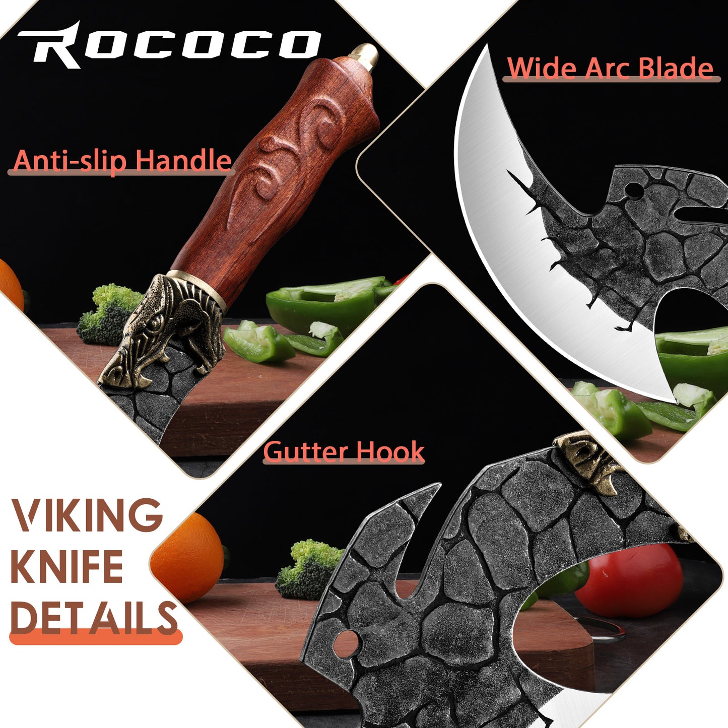 ROCOCO Viking Cleaver Knife Butcher Meat Cutting Boning Knife Hand Forged Chinese Kitchen Axe with Sheath Home Outdoor BBQ Camping Chirstmas Birthday Mother Father Gift Men