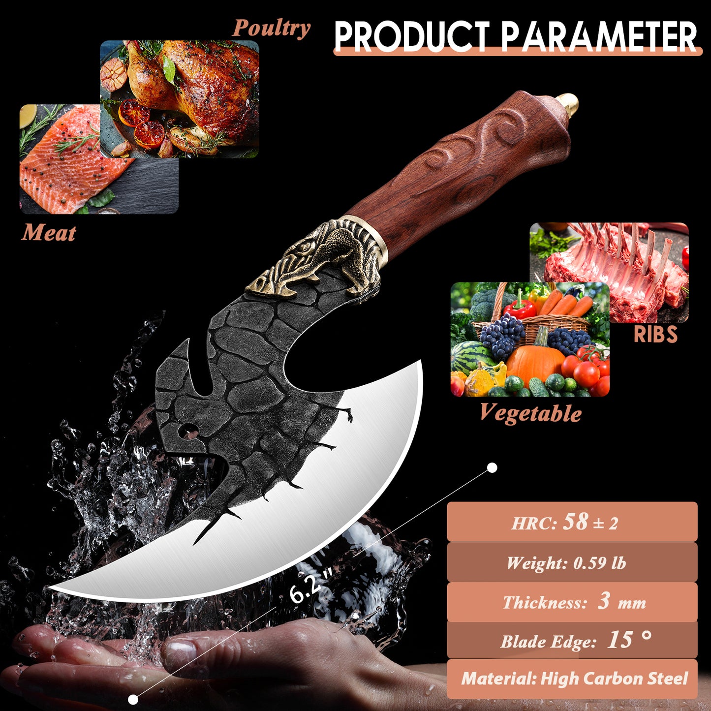 ROCOCO Viking Cleaver Knife Butcher Meat Cutting Boning Knife Hand Forged Chinese Kitchen Axe with Sheath Home Outdoor BBQ Camping Chirstmas Birthday Mother Father Gift Men