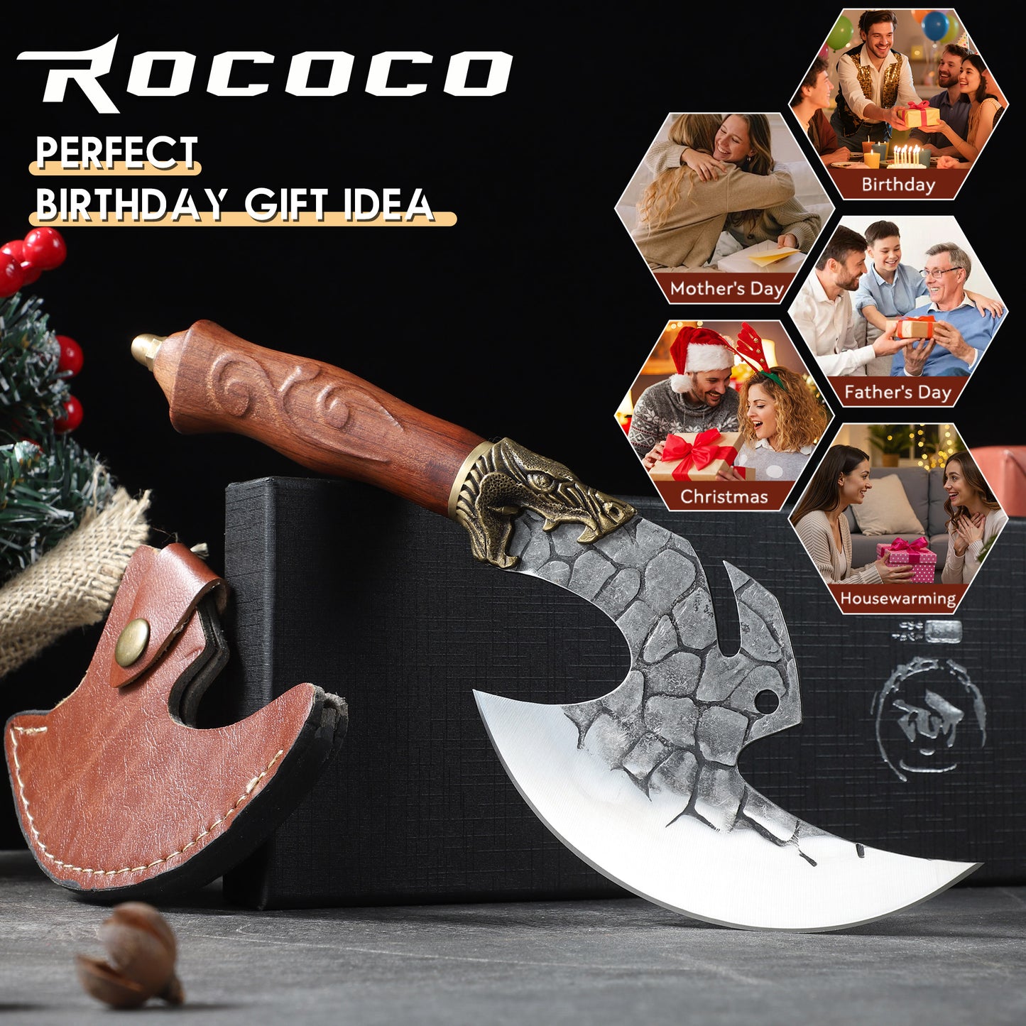 ROCOCO Viking Cleaver Knife Butcher Meat Cutting Boning Knife Hand Forged Chinese Kitchen Axe with Sheath Home Outdoor BBQ Camping Chirstmas Birthday Mother Father Gift Men