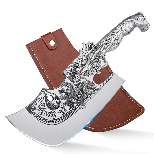 Silver Dragon Kitchen Knife Meat Cleaver with Leather Case